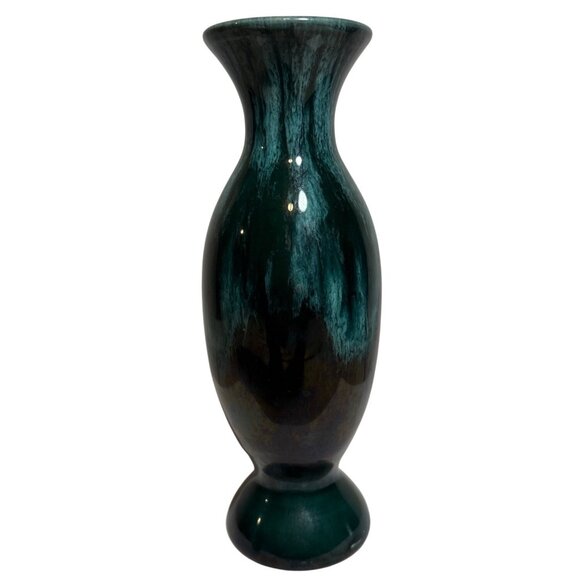 Ceramic Vase Flared Lip Vintage Green Drip Glaze Glossy Canada 7" Tall MCM - Picture 1 of 7